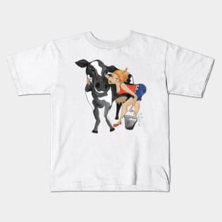 Dairy Cow Girl with milking bucket Kids T-Shirt